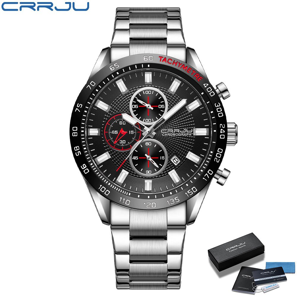 Silver black box_Watches Men 2022 Sports Chronograph Stainless Steel Band Wristwatches with Auto Dat