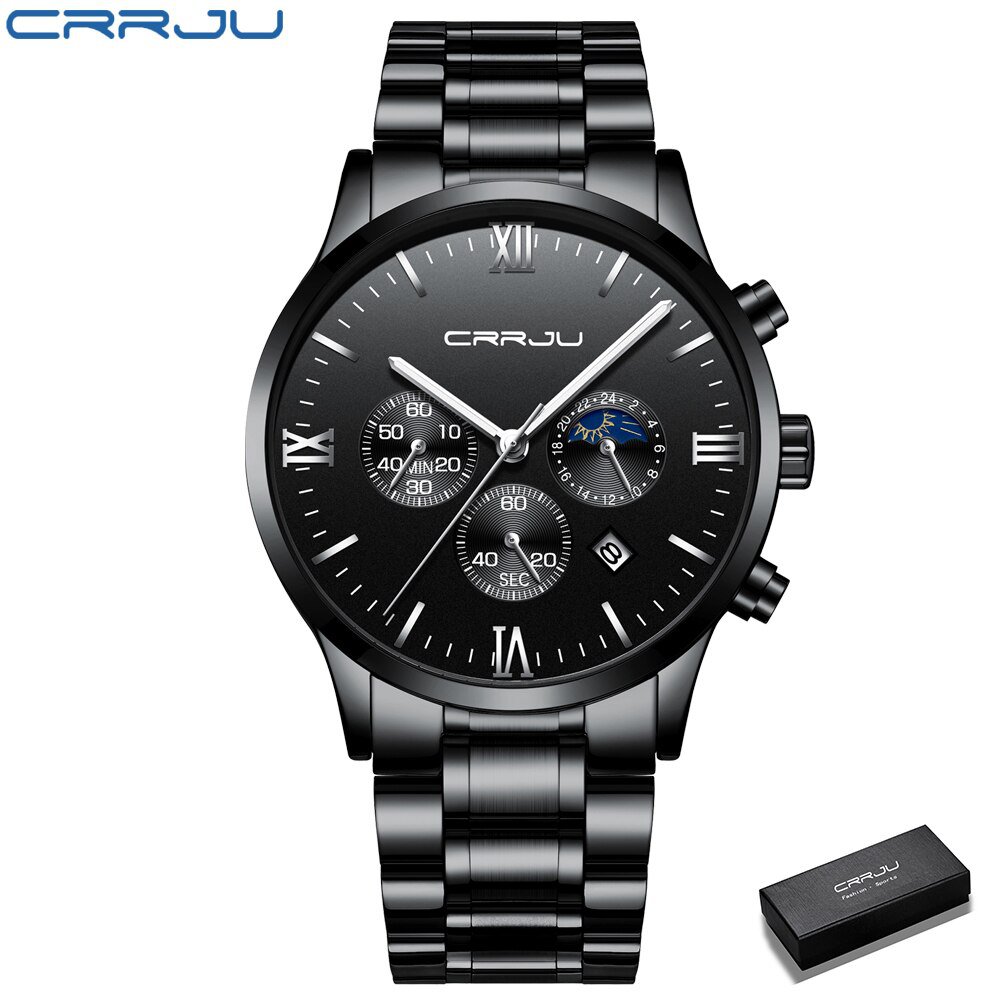 black silver box_Mens Watches  Luxury Chronograph Quartz Clock Waterproof Stailness Steel Sports