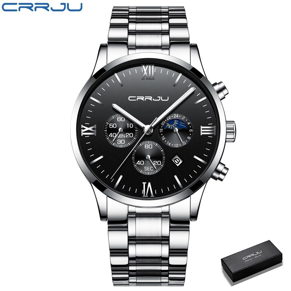 silver box_Mens Watches  Luxury Chronograph Quartz Clock Waterproof Stailness Steel Sports