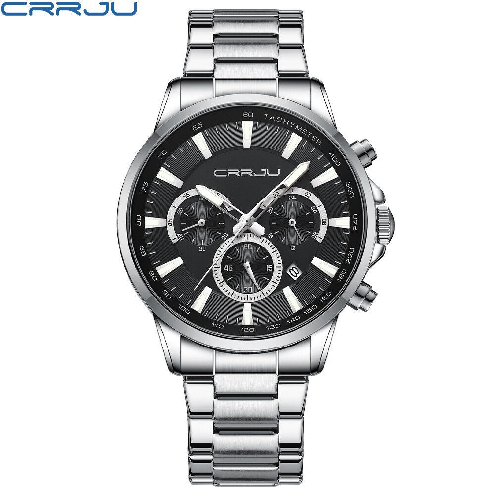 Silver black_Sports Chronograph Stainless Steel Band Watches Brand Quartz Men's Wristwatches with Lu