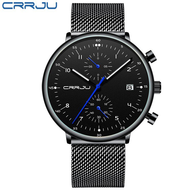 black black_Men Watch Top Luxury Chronograph Stainless Steel Mesh WristWatch Military Waterproof Dat