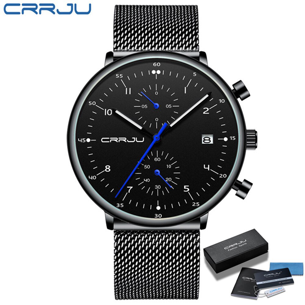 black black BOX_Men Watch Top Luxury Chronograph Stainless Steel Mesh WristWatch Military Waterproof