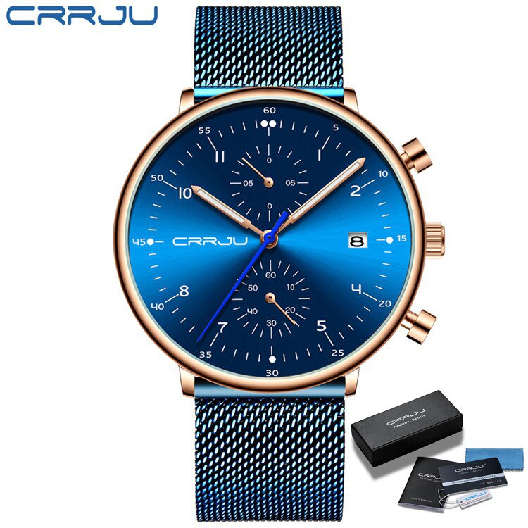 rose blue BOX_Men Watch Top Luxury Chronograph Stainless Steel Mesh WristWatch Military Waterproof D