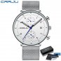 silver white BOX_Men Watch Top Luxury Chronograph Stainless Steel Mesh WristWatch Military Waterproo