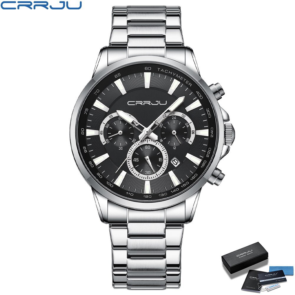 Silver black box_Men's Watches with Stainless Steel Band Quartz Wristwatches for Man Chronograph Clo
