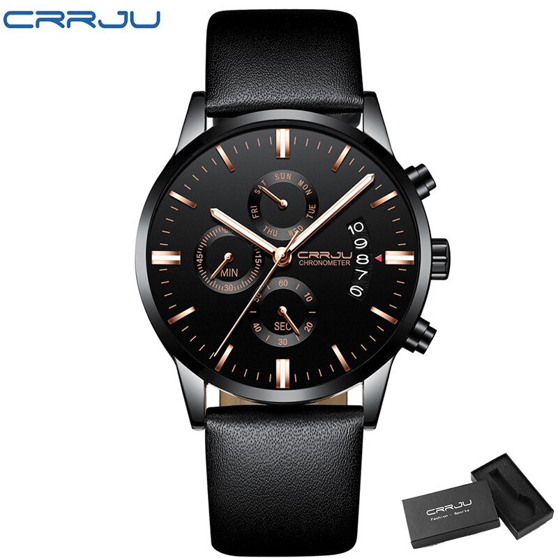 gold leather box_Men Watch Business Casual Multifunctional Chronograph Quartz WristWatch Clock