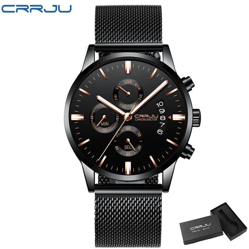 gold mesh box_Men Watch Business Casual Multifunctional Chronograph Quartz WristWatch Clock