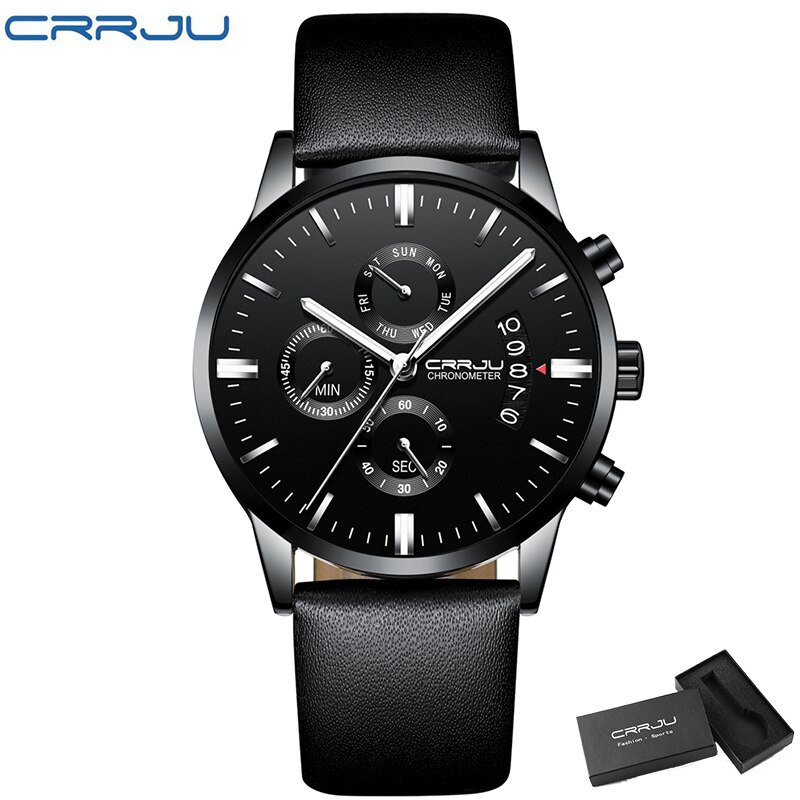 silver leather_Men Watch Business Casual Multifunctional Chronograph Quartz WristWatch Clock