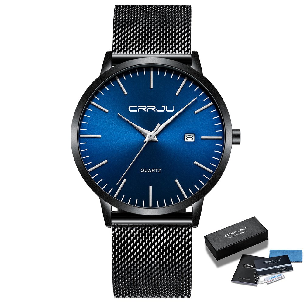BK blue silver BOX_Men's Watch Ultra-thin  Luxury Japan Movement WristWatch Waterproof Sport Steel Q