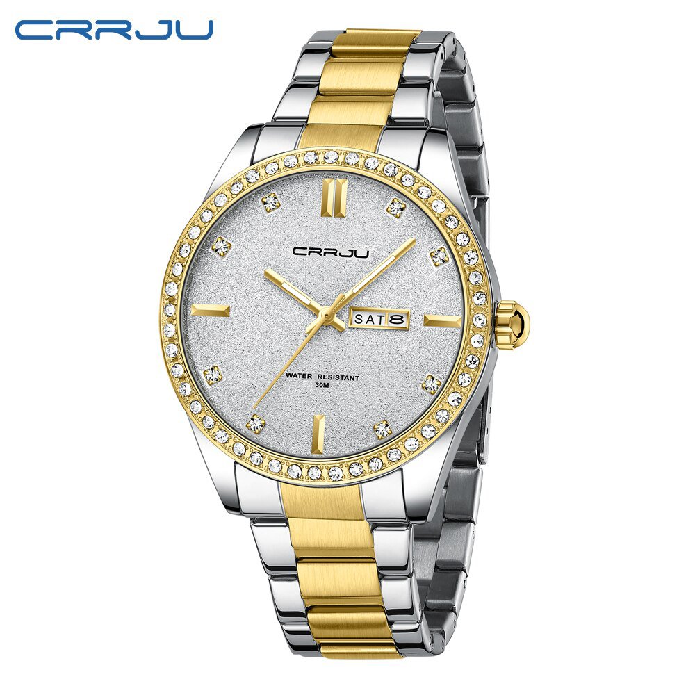 Gold_Watch for Men Simple Quartz Wristwatches With Luxurious Sparkling Rhinestone Dial Stainless Ste