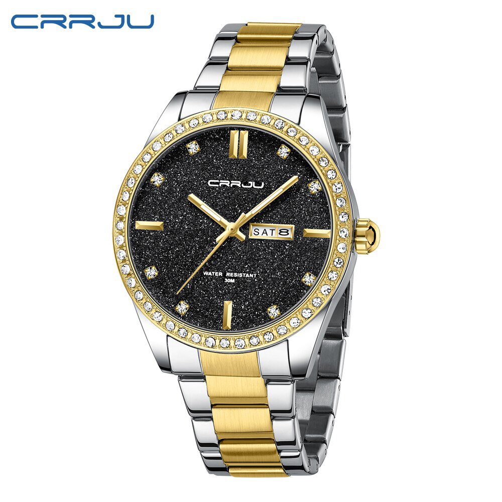Gold black_Watch for Men Simple Quartz Wristwatches With Luxurious Sparkling Rhinestone Dial Stainle