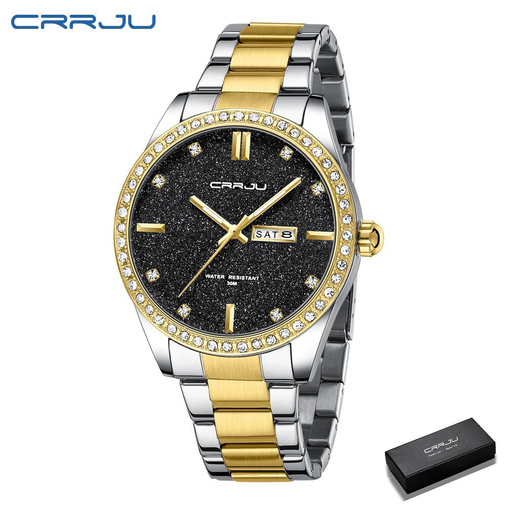 Gold black box_Watch for Men Simple Quartz Wristwatches With Luxurious Sparkling Rhinestone Dial Sta