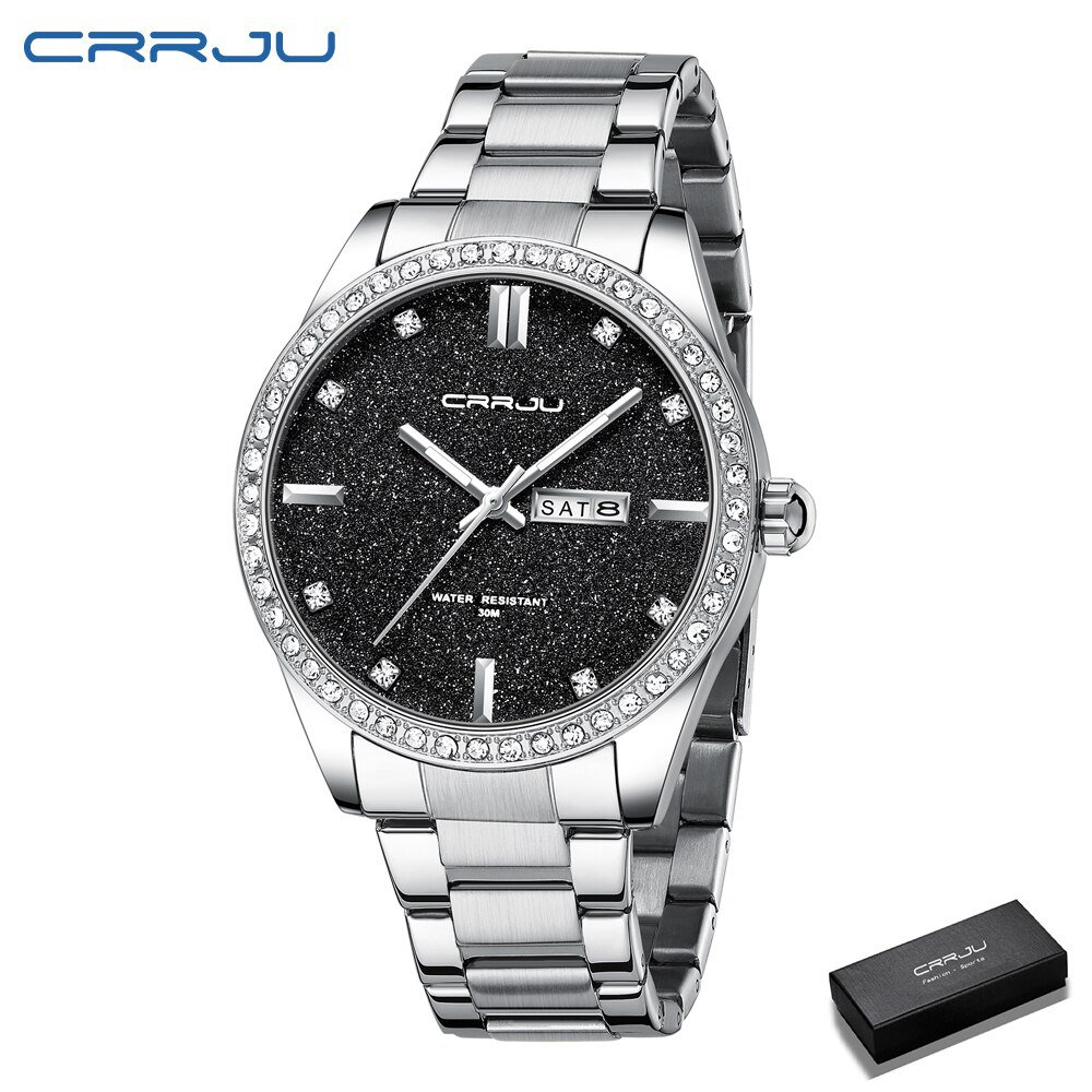 Silver black bos_Luxury Rhinestones Dial Watches with Stainless Steel Band Wristwatch with Auto Date