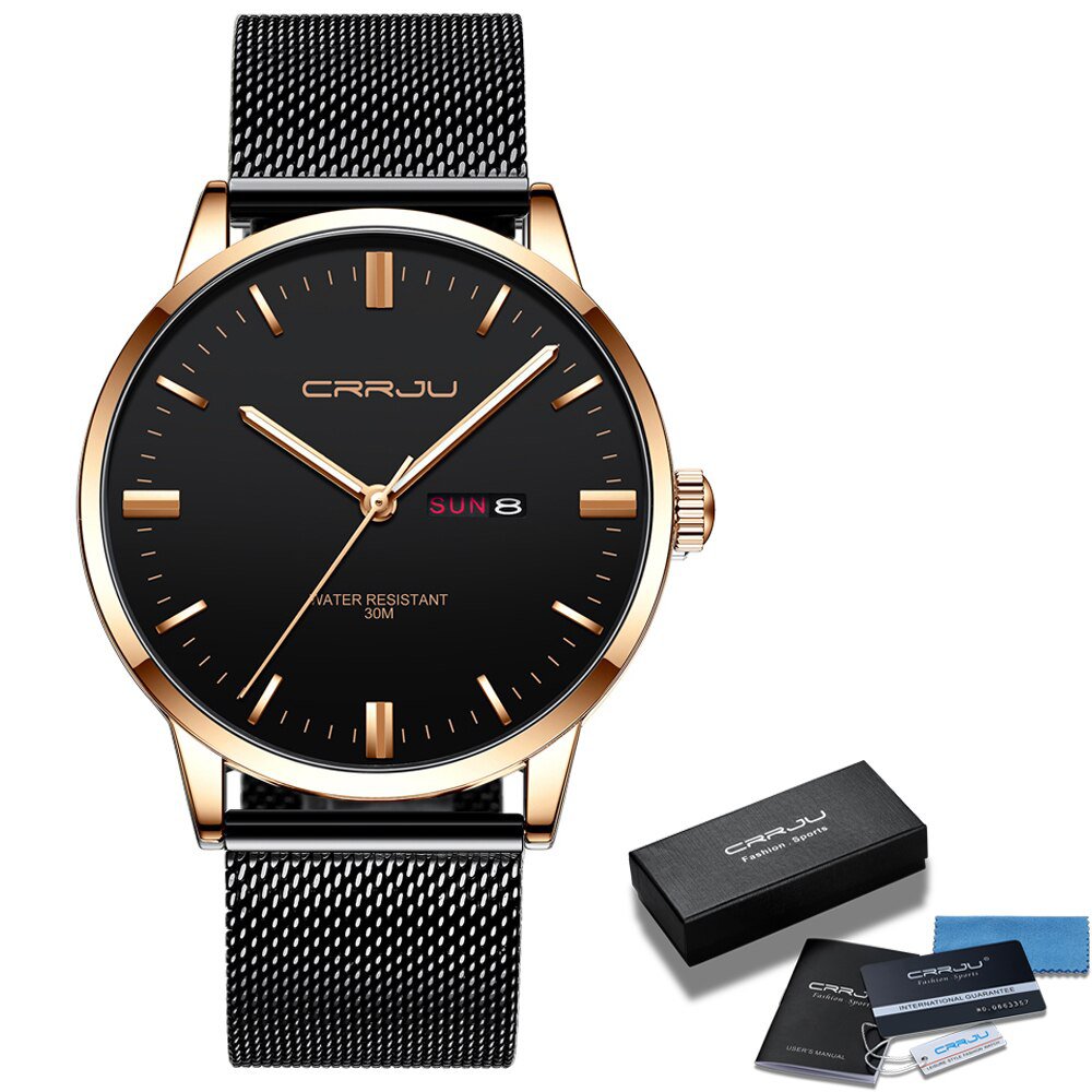 rose black-BOX_Men Watch Thin Quartz Waterproof Wristwatch Classic Business Casual Clock with Date D