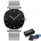 silver black-BOX_Men Watch Thin Quartz Waterproof Wristwatch Classic Business Casual Clock with Date