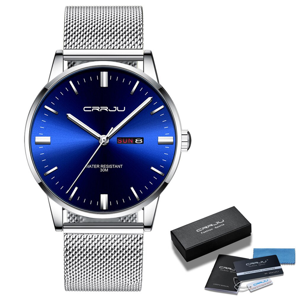 silver blue-BOX_Men Watch Thin Quartz Waterproof Wristwatch Classic Business Casual Clock with Date 