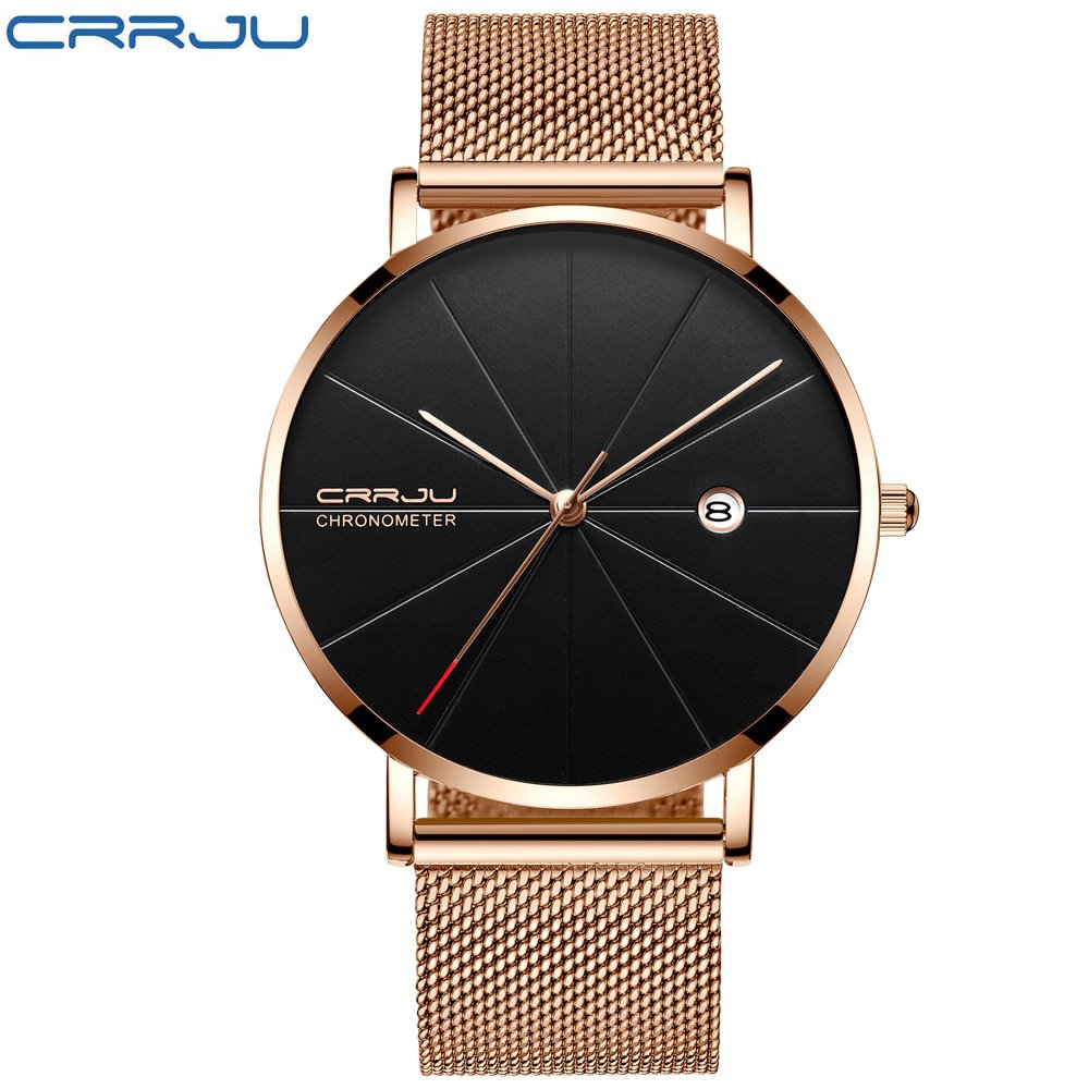 rose black_Men Watch Ultra Thin Mesh Steel Wristwatch with Date Sport Waterproof