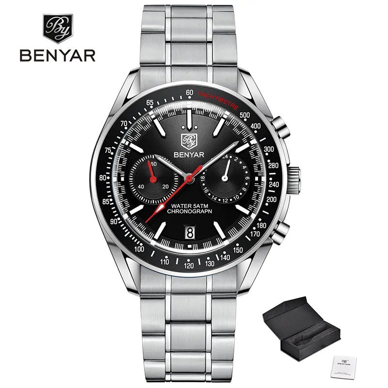 Silver Black_Moon Watch For Men Dial Analog Chronograph Waterproof Analog Quartz Mens Watches Automa