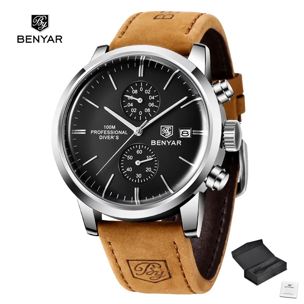Black_2023  Men Quartz Wristwatches Chronograph Leather Sports Watch Men Luxury Brand Military 100M 