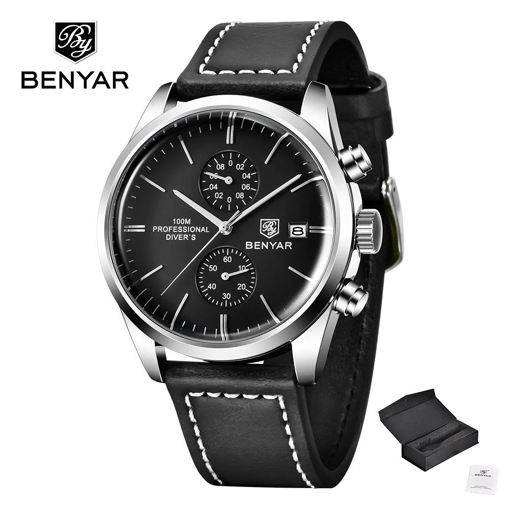 Silver Black_2023  Men Quartz Wristwatches Chronograph Leather Sports Watch Men Luxury Brand Militar