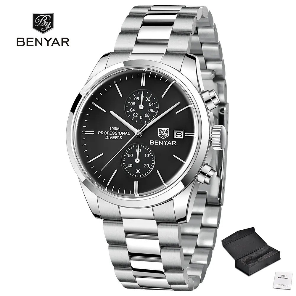 Silver Black_2023  Mens Watches Top Brand Luxury Quartz Sports Watch Men Chronograph Stainless Steel