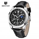 Black_Mens Watches Quartz Chronograph Casual Fashion Sport Moon Phase Leather Waterproof Luxury Watc