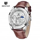 White_Mens Watches Quartz Chronograph Casual Fashion Sport Moon Phase Leather Waterproof Luxury Watc