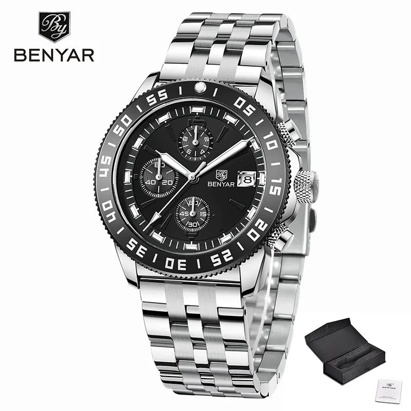 Silver Black_Top Brand Luxury Mens Watches Multifunctional Chronograph Quartz Watch For Men Sports M