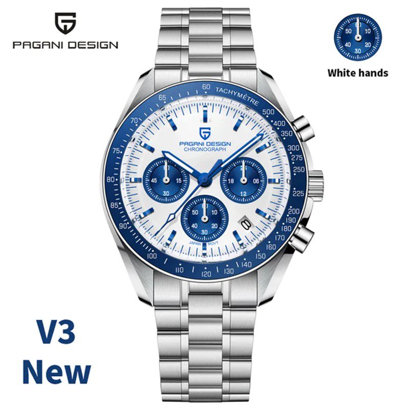Blue_Mens Watches Moon Top Luxury Chronograph Stainless Steel Waterproof Sports Quartz Watch For Men