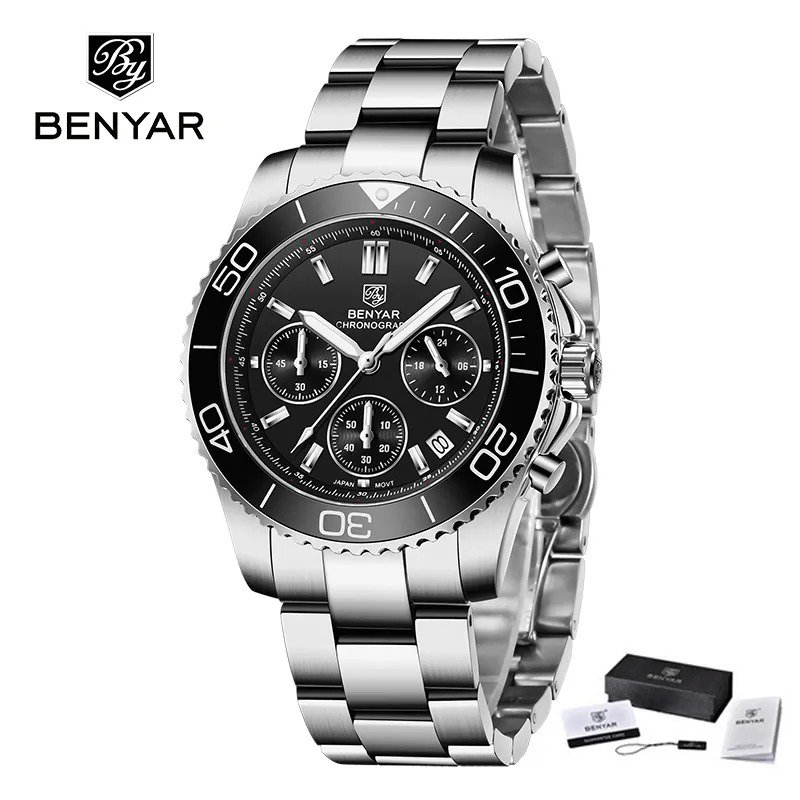 Silver Black_2023  Mens Watches Quartz Chronograph VD53 Stainless Steel Military Sports Watch For Me