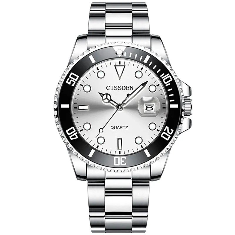 White_CISSDEN Men Watch Business Full Steel Quartz Watch Men Top Brand Luxury Casual Waterproof Spor