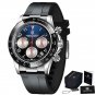 1687 Silver Blue_Mens Watches Top Brand Men Automatic Wristwatch Silica 100M Waterproof Chronograph 