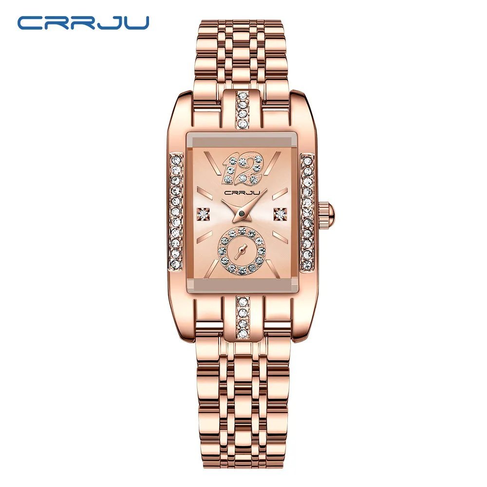 Rose_Rectangle Dial Womens Watches Luxury Waterproof Dress Wristwatches with Rhinestones   Feminino