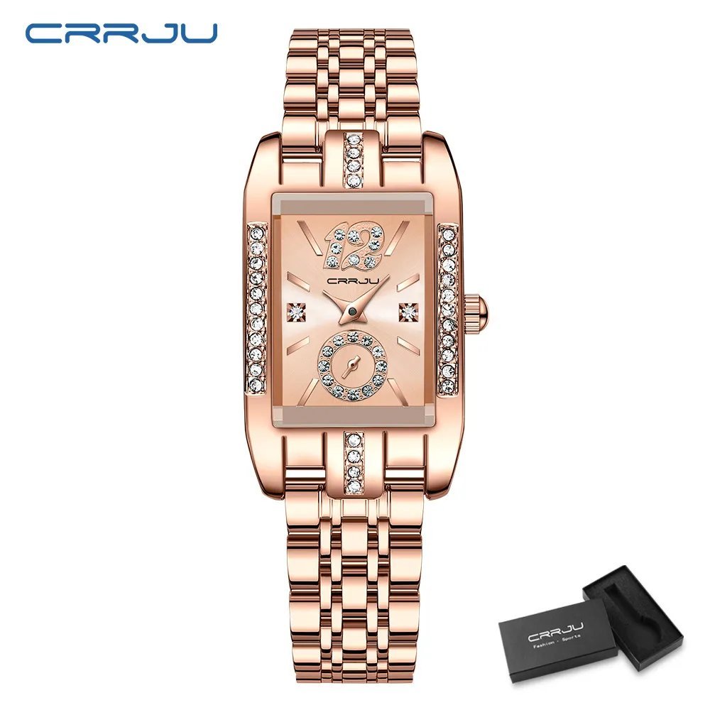 Rose box_Rectangle Dial Womens Watches Luxury Waterproof Dress Wristwatches with Rhinestones   Femin