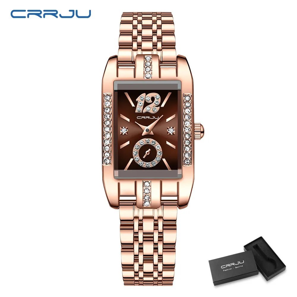 Rose coffee box_Rectangle Dial Womens Watches Luxury Waterproof Dress Wristwatches with Rhinestones 