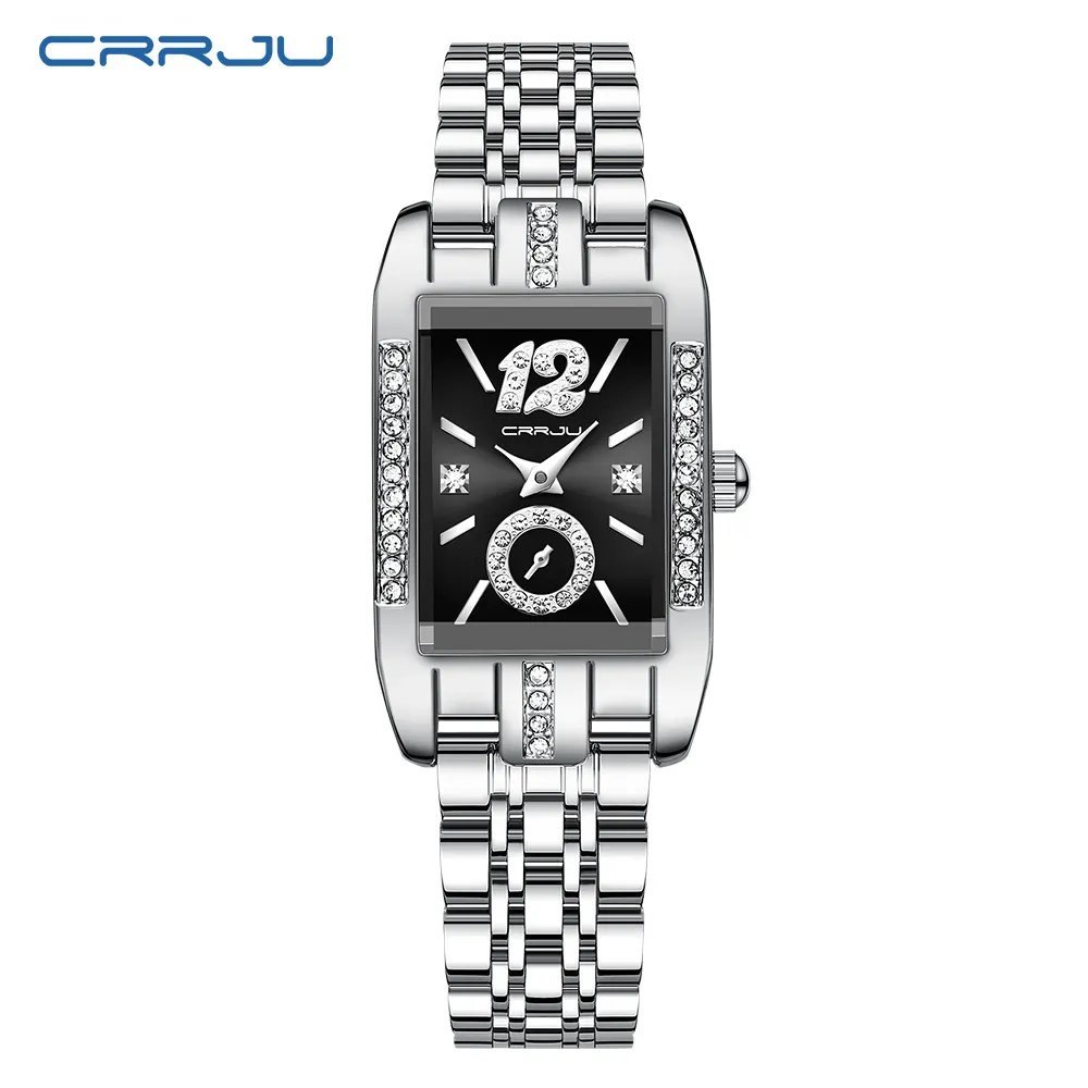 silver black_Rectangle Dial Womens Watches Luxury Waterproof Dress Wristwatches with Rhinestones   F