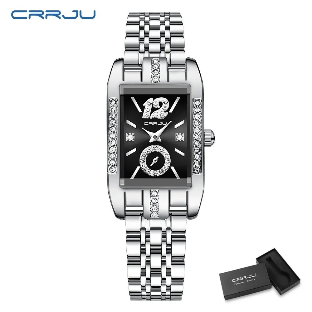 silver black box_Rectangle Dial Womens Watches Luxury Waterproof Dress Wristwatches with Rhinestones