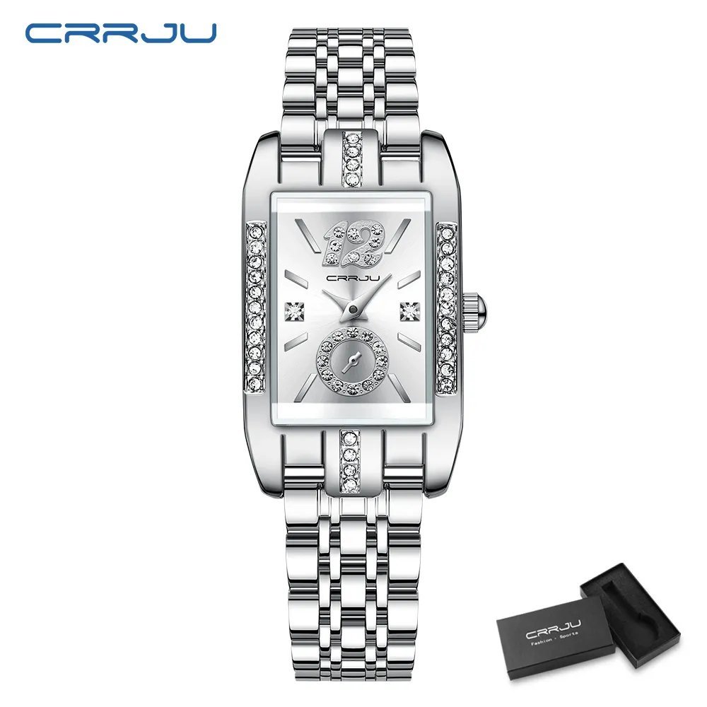 Silver white box_Rectangle Dial Womens Watches Luxury Waterproof Dress Wristwatches with Rhinestones