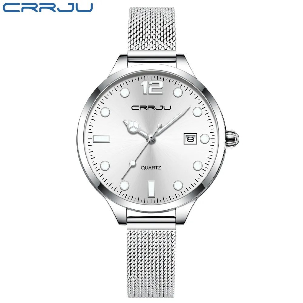 silver white_Women Casual Watch Luxury Luminous Quartz Waterproof Woman's Wristwatch Mesh Ladies Dre