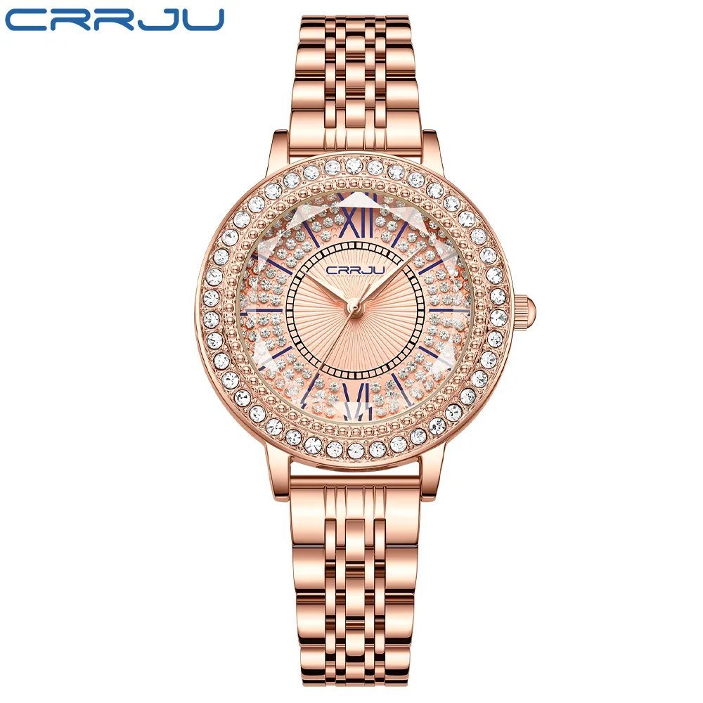 RG_Simple Slim Stainless Steel Quartz Wristwatches for Women Luxurious Sparkling Rhinestone Dial Dre