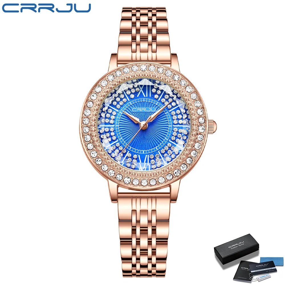 RGBE-BOX_Simple Slim Stainless Steel Quartz Wristwatches for Women Luxurious Sparkling Rhinestone Di