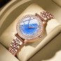 Rose blue_Women's Wristwatches with Rhinestones Dial Stainless Steel Band Quartz Watches Ladies Cloc