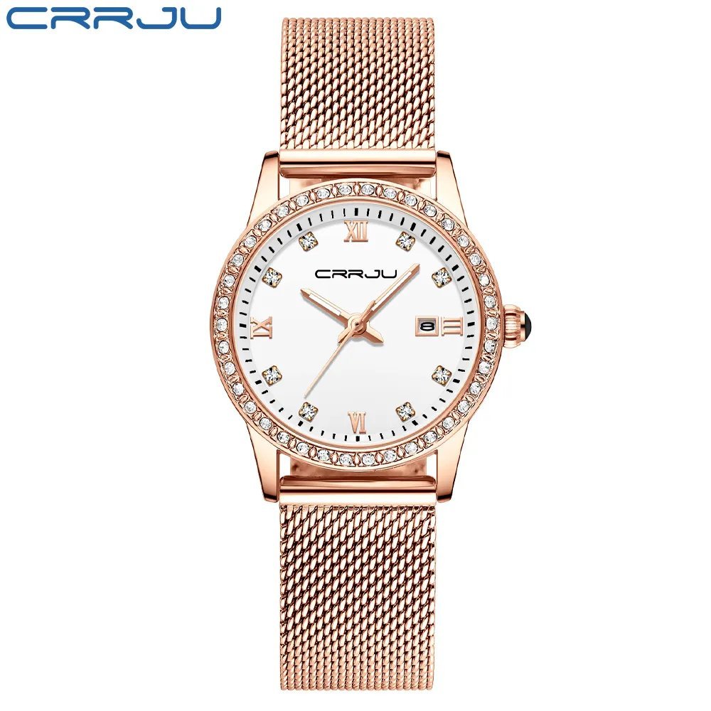 rose white_Women  Luxury Diamond Watches Ladies Dress Simple Mesh Bracelet Waterproof Quartz Watches