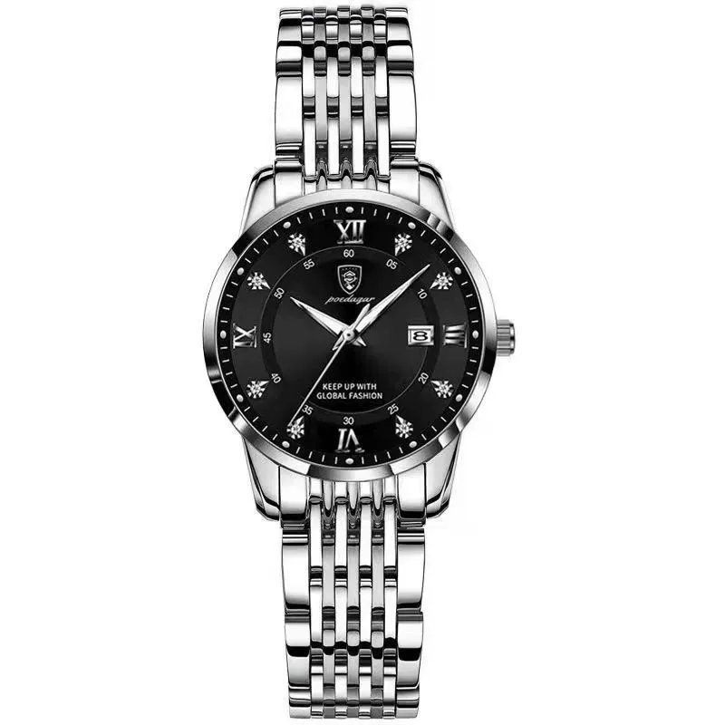 Silver Black S_Women Watches Luxury Ladies Quartz Watch Waterproof Luminous Date Stainless Stain Wri