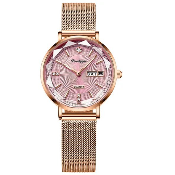 Rose Gold Pink M_Luxury Women Bracelet Quartz Watches For Women Casual Waterproof Luminous Mesh Stai