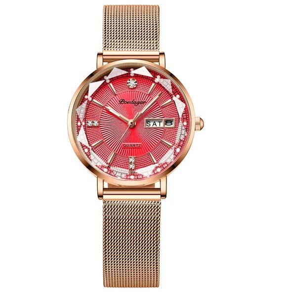 Rose Gold Red M_Luxury Women Bracelet Quartz Watches For Women Casual Waterproof Luminous Mesh Stain