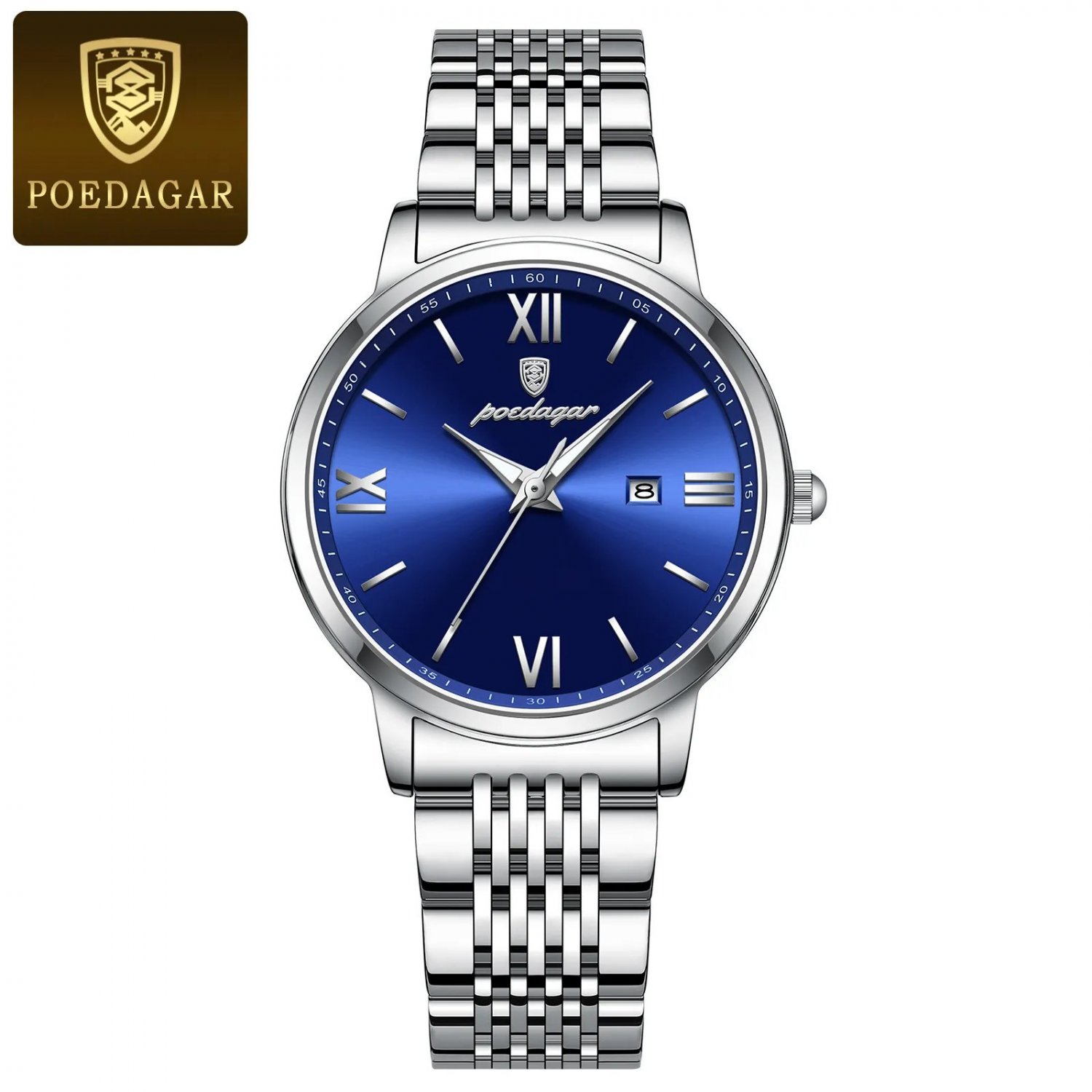 Silver Blue_Luxury Woman Watch High Quality Waterproof Luminous Date Ladies Watch Stainless Steel Wo