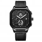 Black Silver Leather_Luxury Casual Male Watch Chronograph Stainless Steel Waterproof Luminous Date M