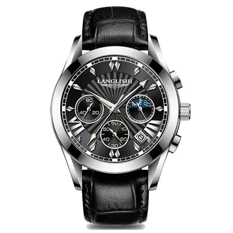 6198-Leather BK SL_Men Watch Top   Sport Watches Mens Full Steel Quartz Wristwatch Date Male Clock