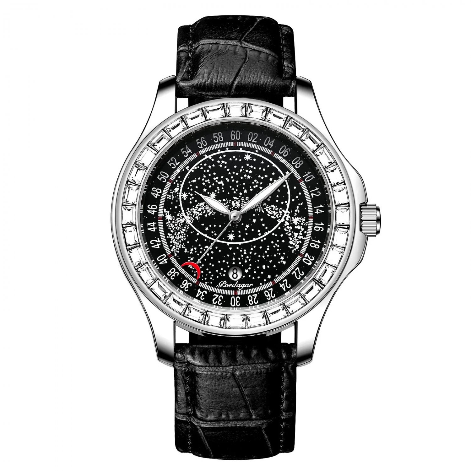 Silver Black_Men's Watch Leather Quartz Watches Starry Sky Diamond Style Waterproof Luminous Luxury 